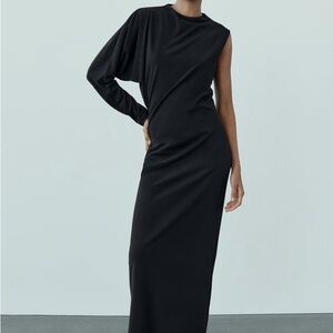 NWT Zara Asymmetric Elegant Black Long Knit Midi Dress XS